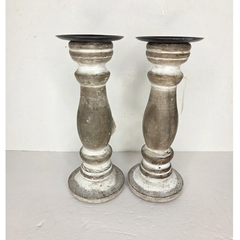 Hobby Lobby Rustic Whitewash Wood Pillar Candle Holders Set of 2 Farmhouse
